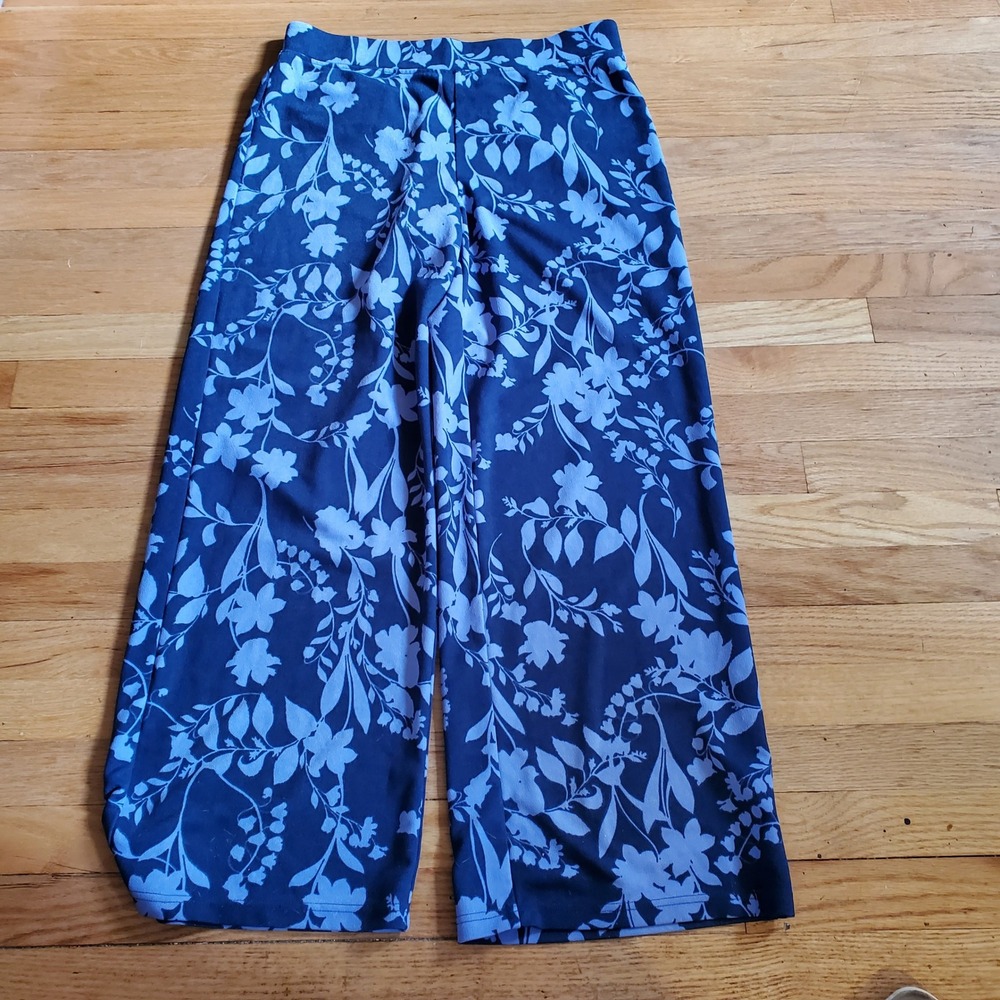 Isaac Mizrahi Live Womens Blue Floral Wide Leg Pull On Crop Pants Size Medium